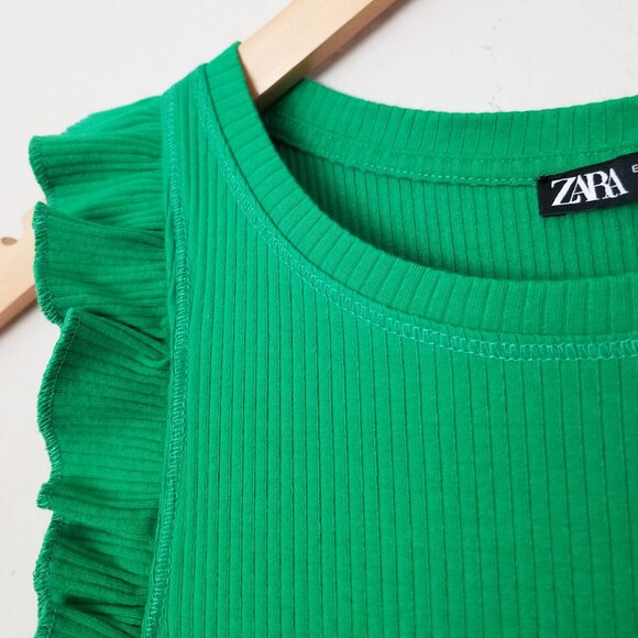 Zara Frill Ruffle Ribbed Knit Midi Dress Bodycon Kelly Green Size S  0962/629 - Picture 11 of 13